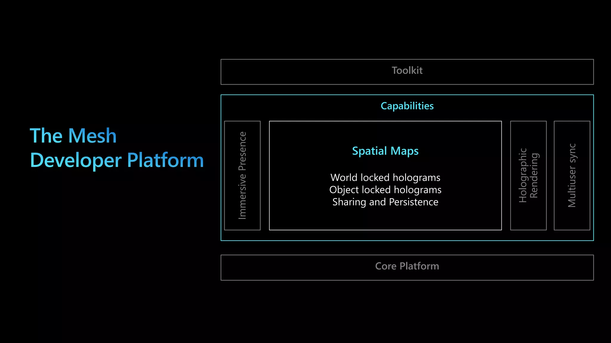 Core Platform
Toolkit
Immersive
Presence
Holographic
Rendering
Multiuser
sync
 