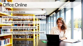 Office Online
Office beyond the desktop
Same shared core
Unique scale and security concerns
Supported across a wide range of hosts
The best way to collaborate on Office documents
 
