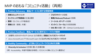 1. Product Advocacy - 製品/サービスに関する情報発信
✓ 技術コミュニティの主宰
✓ カンファレンスや勉強会の主催/運営
✓ 登壇（カンファレンスや勉強会）
✓ 書籍出版（著者、共著）
✓ ブログ/サイトへの投稿
✓ 動画/Webcast/Podcast の投稿
✓ ソーシャル メディアへの投稿
✓ オンライン フォーラムでの回答投稿
✓ OSS 系の活動（例：GitHub Contribution）
2. Product Feedback - 製品/サービスに関するフィードバック提供
✓ 各種問い合わせチャネルや GitHub などを駆使した製品についてのフィードバック
✓ docs.microsoft.com や Microsoft Learn などコンテンツについてのフィードバック
3. Healthy Community – より良いコミュニティづくりに向けた活動
✓ Diversity & Inclusion を念頭に置いた各種活動
（例）Accessibility、年齢や国籍の多様性、ハラスメントの無いコミュニティ運営など
 