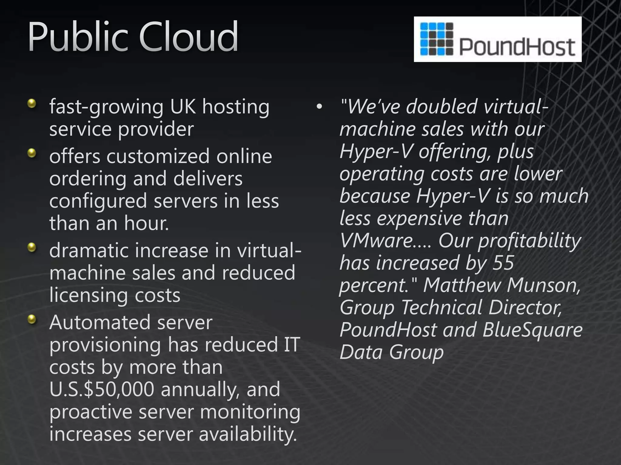 Public Cloudfast-growing UK hosting service provider offers customized online ordering and delivers configured servers in less than an hour. dramatic increase in virtual-machine sales and reduced licensing costsAutomated server provisioning has reduced IT costs by more than U.S.$50,000 annually, and proactive server monitoring increases server availability."We’ve doubled virtual-machine sales with our Hyper-V offering, plus operating costs are lower because Hyper-V is so much less expensive than VMware…. Our profitability has increased by 55 percent." Matthew Munson, Group Technical Director, PoundHost and BlueSquare Data GroupThe Windows Azure PlatformDeveloper ExperienceWeb and cloudsThird party cloudWeb applicationsUse existing skills and tools.ComputeStorageManagementManagementRelational dataConnectivityAccess controlOn-premisesLOB ApplicationsComposite applications