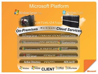Microsoft PlatformVIRTUALIZATIONWorkloadsCloud ServicesOn-PremisesCOMMUNICATIONSCOLLABORATIONBUSINESS APPSSTORAGEActive DirectoryAD/Live IDIDENTITYCLIENT