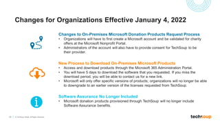 10 © TechSoup Global. All Rights Reserved.
Changes for Organizations Effective January 4, 2022
Changes to On-Premises Microsoft Donation Products Request Process
• Organizations will have to first create a Microsoft account and be validated for charity
offers at the Microsoft Nonprofit Portal.
• Administrators of the account will also have to provide consent for TechSoup to be
their provider.
New Process to Download On-Premises Microsoft Products
• Access and download products through the Microsoft 365 Administration Portal.
• You will have 5 days to download the software that you requested. If you miss the
download period, you will be able to contact us for a new link.
• Microsoft will only offer specific versions of products; organizations will no longer be able
to downgrade to an earlier version of the licenses requested from TechSoup.
Software Assurance No Longer Included
• Microsoft donation products provisioned through TechSoup will no longer include
Software Assurance benefits.
 