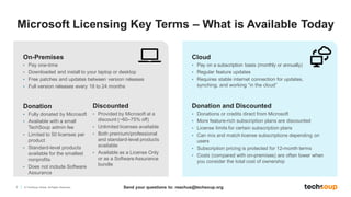7 © TechSoup Global. All Rights Reserved.
On-Premises
• Pay one-time
• Downloaded and install to your laptop or desktop
• Free patches and updates between version releases
• Full version releases every 18 to 24 months
Cloud
• Pay on a subscription basis (monthly or annually)
• Regular feature updates
• Requires stable internet connection for updates,
synching, and working “in the cloud”
Donation
• Fully donated by Microsoft
• Available with a small
TechSoup admin fee
• Limited to 50 licenses per
product
• Standard-level products
available for the smallest
nonprofits
• Does not include Software
Assurance
Discounted
• Provided by Microsoft at a
discount (~60–75% off)
• Unlimited licenses available
• Both premium/professional
and standard-level products
available
• Available as a License Only
or as a Software Assurance
bundle
Donation and Discounted
• Donations or credits direct from Microsoft
• More feature-rich subscription plans are discounted
• License limits for certain subscription plans
• Can mix and match license subscriptions depending on
users
• Subscription pricing is protected for 12-month terms
• Costs (compared with on-premises) are often lower when
you consider the total cost of ownership
Microsoft Licensing Key Terms – What is Available Today
Send your questions to: reachus@techsoup.org
 