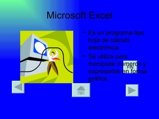 Microsoft Excel Es un programa tipo hoja de cálculo electrónica. Se utiliza para manipular números y expresarlos en forma gráfica.