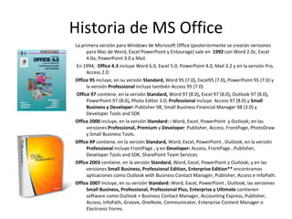 Historia de MS Office La primera versión para Windows de Microsoft Office (posteriormente se crearán versiones para Mac de Word, Excel PowerPoint y Entourage) sale en  1992  con Word 2.0c, Excel 4.0a, PowerPoint 3.0 y Mail. En 1994,  Office 4.3  incluye Word 6.0, Excel 5.0, PowerPoint 4.0, Mail 3.2 y en la versión Pro, Access 2.0. Office 95  incluye, en su versión  Standard,  Word 95 (7.0) ,  Excel95 (7.0) ,  PowerPoint 95 (7.0) y la versión  Professional  incluye también Access 95 (7.0) Office 97  contiene, en la versión  Standard,  Word 97 (8.0) ,  Excel 97 (8.0) ,  Outlook 97 (8.0) ,  PowerPoint 97 (8.0) ,  Photo Editor 3.0;  Professional  incluye  Access 97 (8.0) y  Small Business y Developer:  Publisher 98, Small Business Financial Manager 98 (3.0) y Developer Tools and SDK Office 2000  incluye, en la versión  Standard: :  Word, Excel, PowerPoint  y Outlook; en las versiones  Professional, Premium  y  Developer : Publisher, Access, FrontPage, PhotoDraw y Small Business Tools.  Office XP  contiene, en la versión  Standard,  Word, Excel, PowerPoint , Outlook; en la versión  Professional  incluye FrontPage , y en  Developer:  Access, FrontPage , Publisher, Developer Tools and SDK, SharePoint Team Services Office 2003  contiene, en la versión  Standard,  Word, Excel, PowerPoint y Outlook; y en las versiones  Small Business, Professional Edition, Enterprise Edition**  encontramos aplicaciones como Outlook with Business Contact Manager, Publisher, Access e InfoPath. Office 2007  incluye, en su versión  Standard:  Word, Excel, PowerPoint , Outlook; las versiones  Small Business, Professional, Professional Plus, Enterprise y Ultimate  contienen software como Outlook + Business Contact Manager, Accounting Express, Publisher, Access, InfoPath, Groove, OneNote, Communicator, Enterprise Content Manager o Electronic Forms. 
