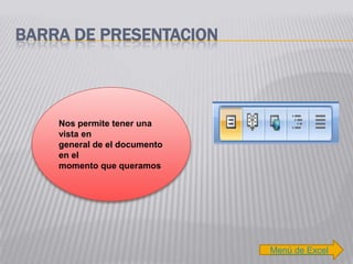 BARRA DE PRESENTACION



    Nos permite tener una
    vista en
    general de el documento
    en el
    momento que queramos




                              Menú de Excel
 
