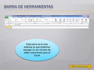 BARRA DE HERRAMIENTAS




           Esta barra es la mas
        extensa ya que podemos
        escoger un sin numero de
        útiles instrumento para el
                    Excel



                                     Menú de Excel
 