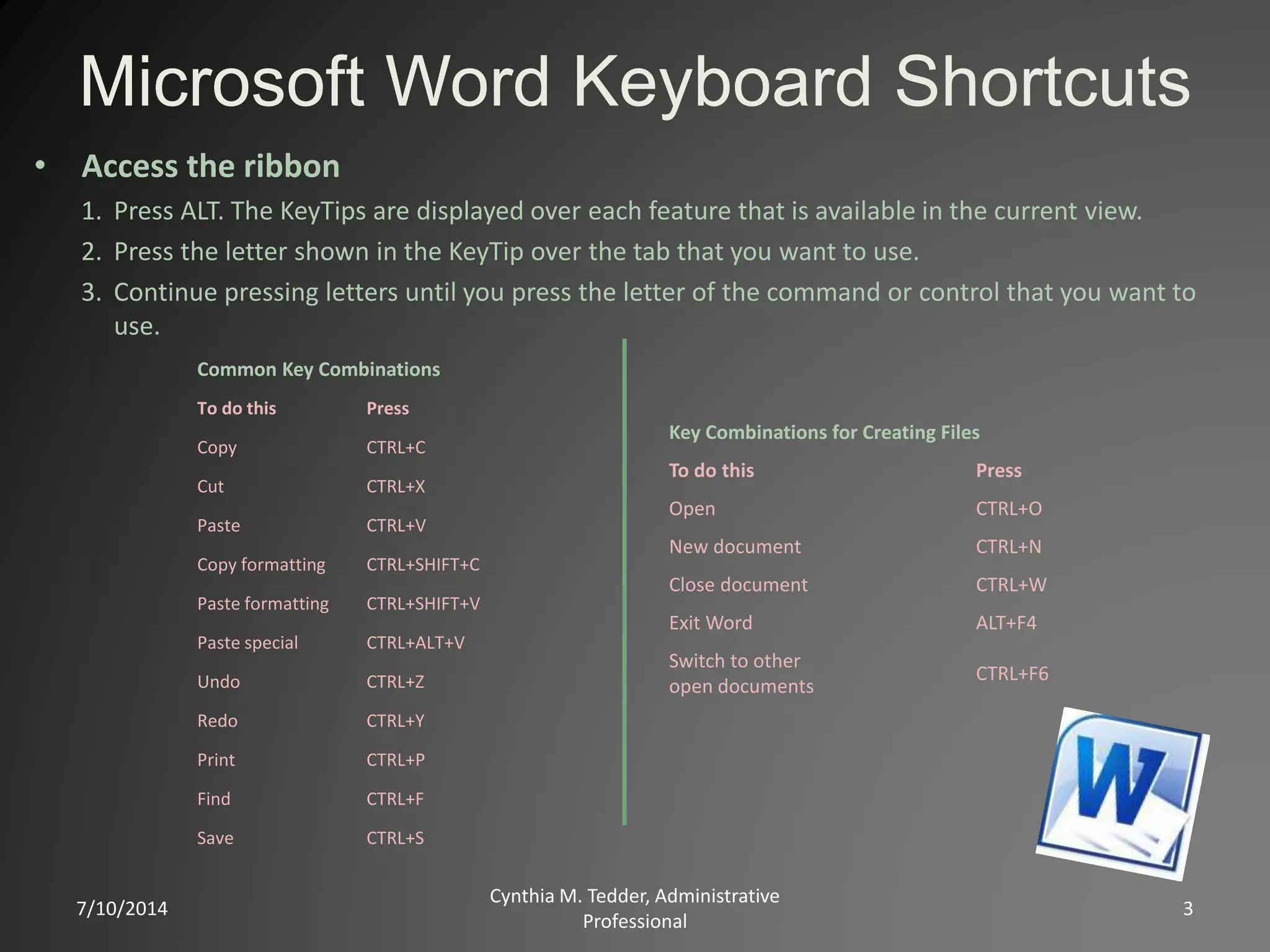 Microsoft Word Keyboard Shortcuts
7/10/2014
Cynthia M. Tedder, Administrative
Professional
3
• Access the ribbon
1. Press ALT. The KeyTips are displayed over each feature that is available in the current view.
2. Press the letter shown in the KeyTip over the tab that you want to use.
3. Continue pressing letters until you press the letter of the command or control that you want to
use.
Common Key Combinations
To do this Press
Copy CTRL+C
Cut CTRL+X
Paste CTRL+V
Copy formatting CTRL+SHIFT+C
Paste formatting CTRL+SHIFT+V
Paste special CTRL+ALT+V
Undo CTRL+Z
Redo CTRL+Y
Print CTRL+P
Find CTRL+F
Save CTRL+S
Key Combinations for Creating Files
To do this Press
Open CTRL+O
New document CTRL+N
Close document CTRL+W
Exit Word ALT+F4
Switch to other
open documents
CTRL+F6
 