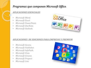 Programas que componen Microsoft Office.
APLICACIONES ESENCIALES
• Microsoft Word.
• Microsoft Excel.
• Microsoft PowerPoint.
• Microsoft OneNote.
• Microsoft Outlook.
APLICACIONES DE EDICIONES PARA EMPRESAS Y PREMIUM
• Microsoft Access.
• Microsoft Publisher.
• Microsoft InfoPath.
• Microsoft Visio
• Microsoft Groove.
• Microsoft Proyect
• Microsoft Linc
 