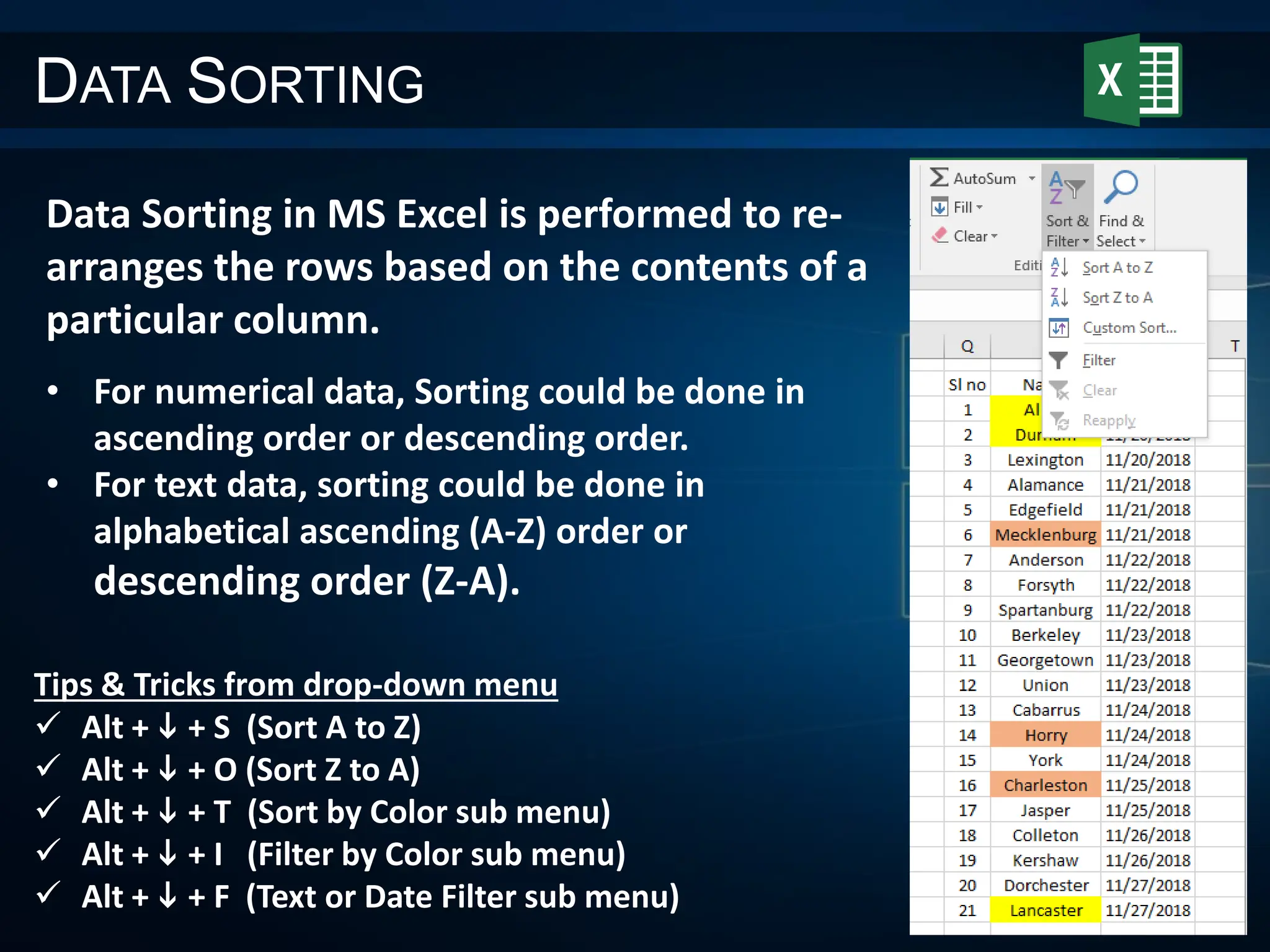 DATA SORTING
Data Sorting in MS Excel is performed to re-
arranges the rows based on the contents of a
particular column.
• For numerical data, Sorting could be done in
ascending order or descending order.
• For text data, sorting could be done in
alphabetical ascending (A-Z) order or
descending order (Z-A).
Tips & Tricks from drop-down menu
 Alt + i + S (Sort A to Z)
 Alt + i + O (Sort Z to A)
 Alt + i + T (Sort by Color sub menu)
 Alt + i + I (Filter by Color sub menu)
 Alt + i + F (Text or Date Filter sub menu)
 