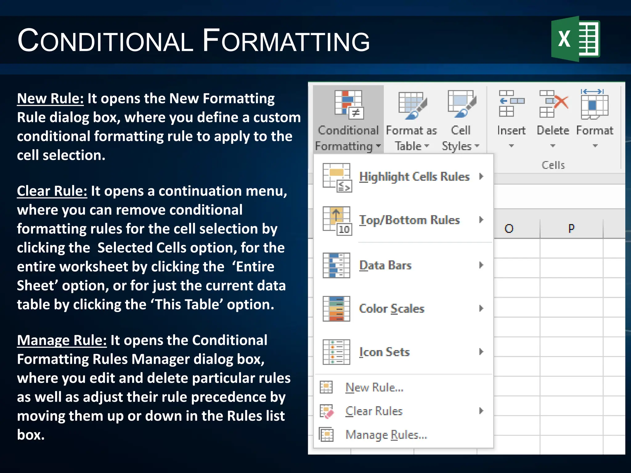 CONDITIONAL FORMATTING
New Rule: It opens the New Formatting
Rule dialog box, where you define a custom
conditional formatting rule to apply to the
cell selection.
Clear Rule: It opens a continuation menu,
where you can remove conditional
formatting rules for the cell selection by
clicking the Selected Cells option, for the
entire worksheet by clicking the ‘Entire
Sheet’ option, or for just the current data
table by clicking the ‘This Table’ option.
Manage Rule: It opens the Conditional
Formatting Rules Manager dialog box,
where you edit and delete particular rules
as well as adjust their rule precedence by
moving them up or down in the Rules list
box.
 
