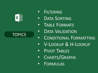 TOPICS
• FILTERING
• DATA SORTING
• TABLE FORMATS
• DATA VALIDATION
• CONDITIONAL FORMATTING
• V-LOOKUP & H-LOOKUP
• PIVOT TABLES
• CHARTS/GRAPHS
• FORMULAS
 