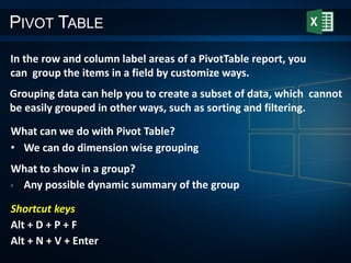 PIVOT TABLE
In the row and column label areas of a PivotTable report, you
can group the items in a field by customize ways.
Grouping data can help you to create a subset of data, which cannot
be easily grouped in other ways, such as sorting and filtering.
What can we do with Pivot Table?
• We can do dimension wise grouping
What to show in a group?
• Any possible dynamic summary of the group
Shortcut keys
Alt + D + P + F
Alt + N + V + Enter
 