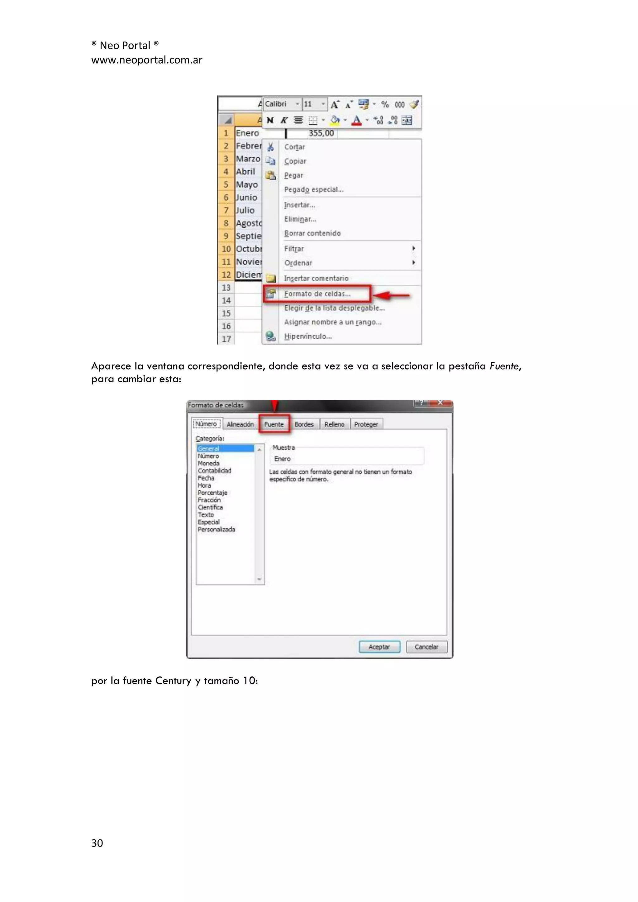 ® Neo Portal ®
www.neoportal.com.ar




Aparece la ventana correspondiente, donde esta vez se va a seleccionar la pestaña Fuente,
para cambiar esta:




por la fuente Century y tamaño 10:




30
 