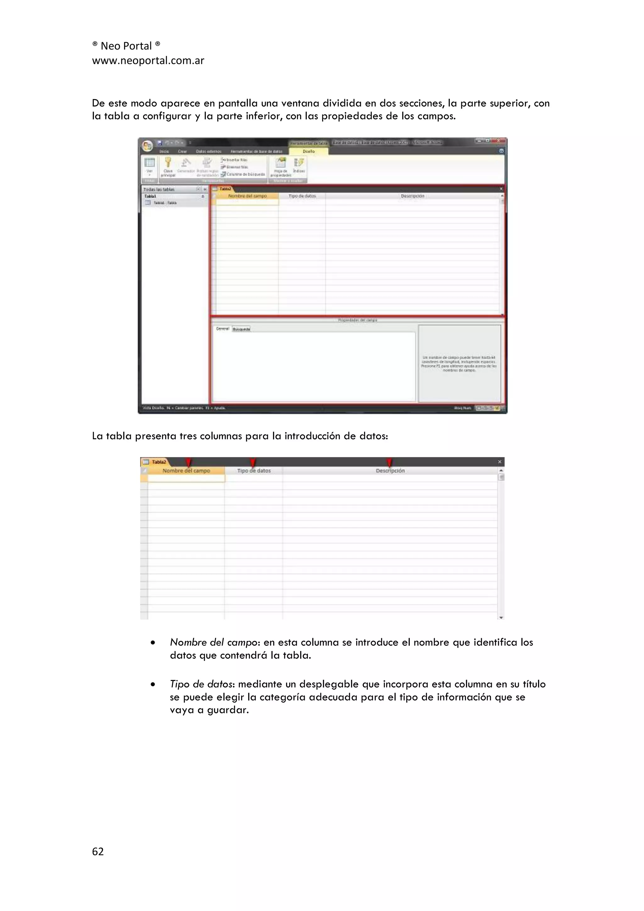® Neo Portal ®
www.neoportal.com.ar


De este modo aparece en pantalla una ventana dividida en dos secciones, la parte superior, con
la tabla a configurar y la parte inferior, con las propiedades de los campos.




La tabla presenta tres columnas para la introducción de datos:




                Nombre del campo: en esta columna se introduce el nombre que identifica los
                datos que contendrá la tabla.

                Tipo de datos: mediante un desplegable que incorpora esta columna en su título
                se puede elegir la categoría adecuada para el tipo de información que se
                vaya a guardar.




62
 