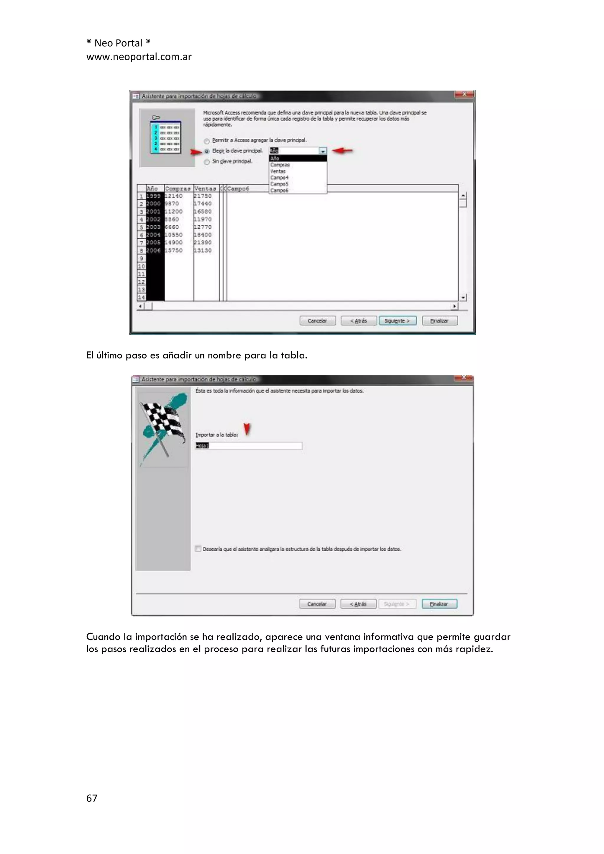 ® Neo Portal ®
www.neoportal.com.ar




El último paso es añadir un nombre para la tabla.




Cuando la importación se ha realizado, aparece una ventana informativa que permite guardar
los pasos realizados en el proceso para realizar las futuras importaciones con más rapidez.




67
 