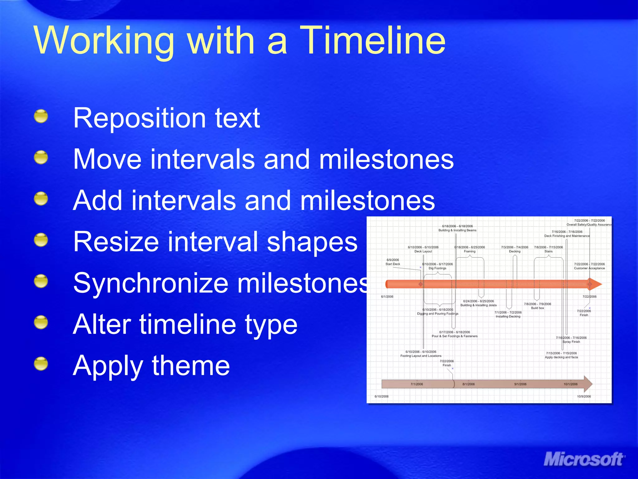 Working with a Timeline
Reposition text
Move intervals and milestones
Add intervals and milestones
Resize interval shapes
Synchronize milestones
Alter timeline type
Apply theme
 
