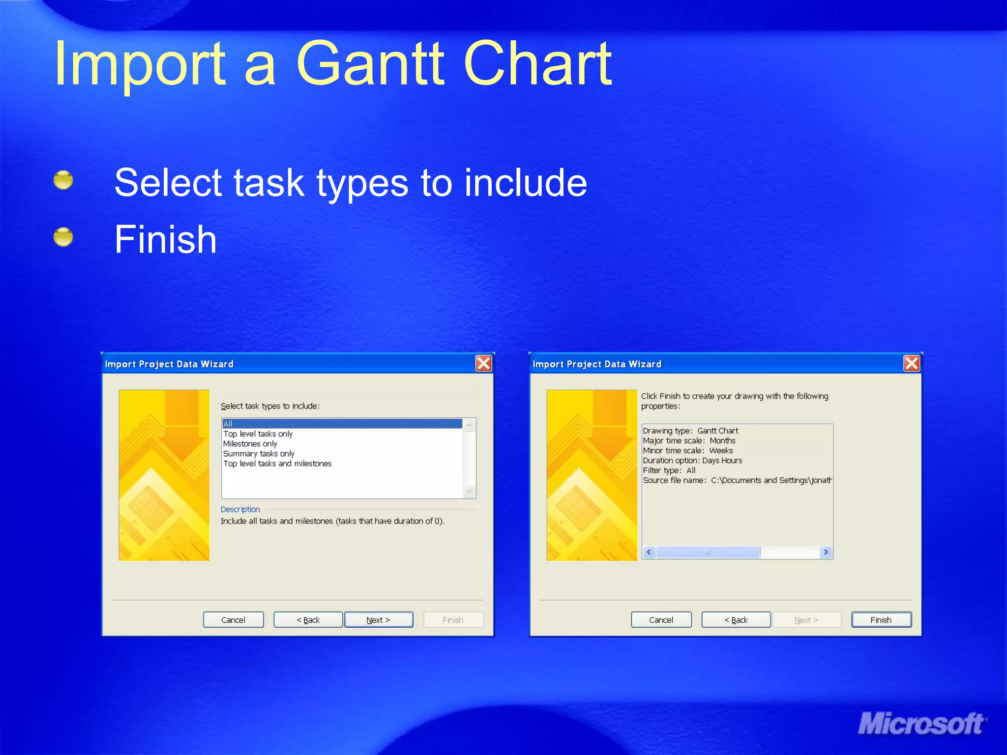 Import a Gantt Chart
Select task types to include
Finish
 