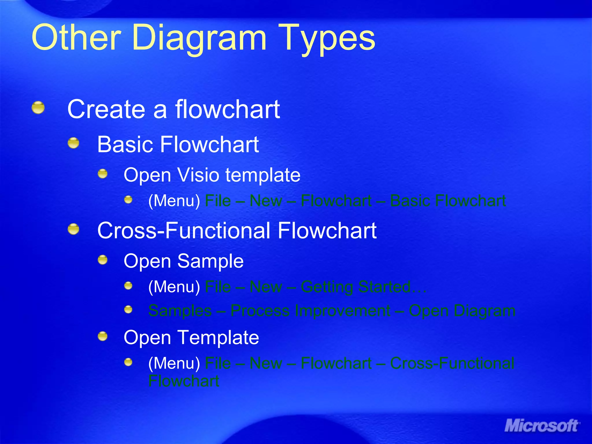 Other Diagram Types
Create a flowchart
Basic Flowchart
Open Visio template
(Menu) File – New – Flowchart – Basic Flowchart
Cross-Functional Flowchart
Open Sample
(Menu) File – New – Getting Started…
Samples – Process Improvement – Open Diagram
Open Template
(Menu) File – New – Flowchart – Cross-Functional
Flowchart
 