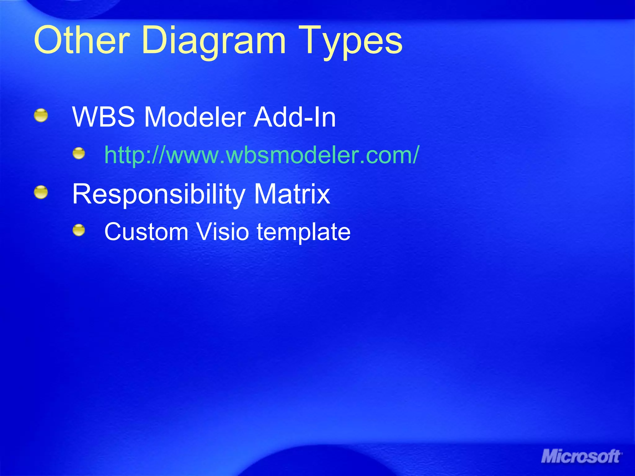 Other Diagram Types
WBS Modeler Add-In
http://www.wbsmodeler.com/
Responsibility Matrix
Custom Visio template
 