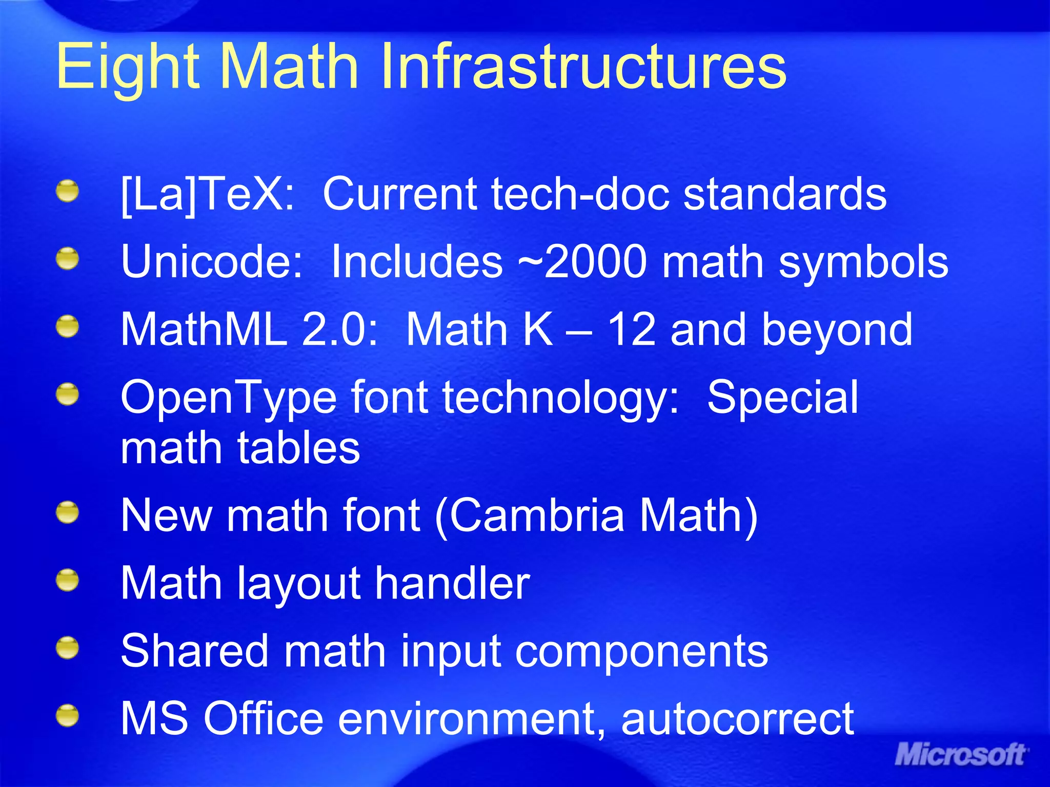 Eight Math Infrastructures
[La]TeX: Current tech-doc standards
Unicode: Includes ~2000 math symbols
MathML 2.0: Math K – 12 and beyond
OpenType font technology: Special
math tables
New math font (Cambria Math)
Math layout handler
Shared math input components
MS Office environment, autocorrect
 