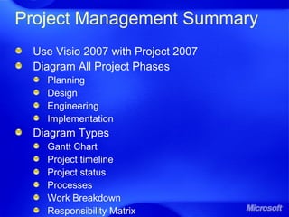 Project Management Summary
Use Visio 2007 with Project 2007
Diagram All Project Phases
Planning
Design
Engineering
Implementation
Diagram Types
Gantt Chart
Project timeline
Project status
Processes
Work Breakdown
Responsibility Matrix
 