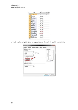 ® Neo Portal ®
www.neoportal.com.ar




se puede emplear la opción Ajustar texto para adaptar el tamaño de la celda a su contenido:




33
 