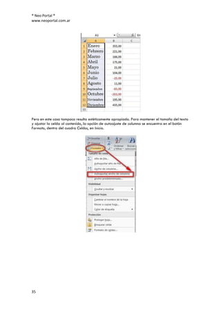 ® Neo Portal ®
www.neoportal.com.ar




Pero en este caso tampoco resulta estéticamente apropiado. Para mantener el tamaño del texto
y ajustar la celda al contenido, la opción de autoajuste de columna se encuentra en el botón
Formato, dentro del cuadro Celdas, en Inicio.




35
 