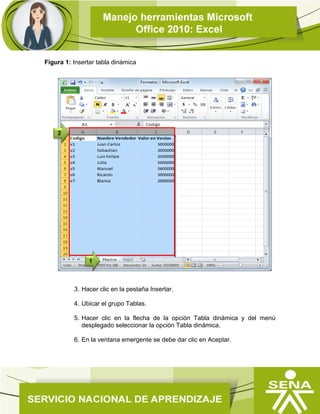 Figura 1: Insertar tabla dinámica
3. Hacer clic en la pestaña Insertar.
4. Ubicar el grupo Tablas.
5. Hacer clic en la flecha de la opción Tabla dinámica y del menú
desplegado seleccionar la opción Tabla dinámica.
6. En la ventana emergente se debe dar clic en Aceptar.
1
2
 