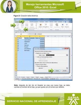 Figura 2: Creación tabla dinámica
Nota: después de dar clic en Aceptar se crea una nueva hoja, se debe
cambiar el nombre de la hoja, ya que queda con el número por defecto.
6
5
3
4
 