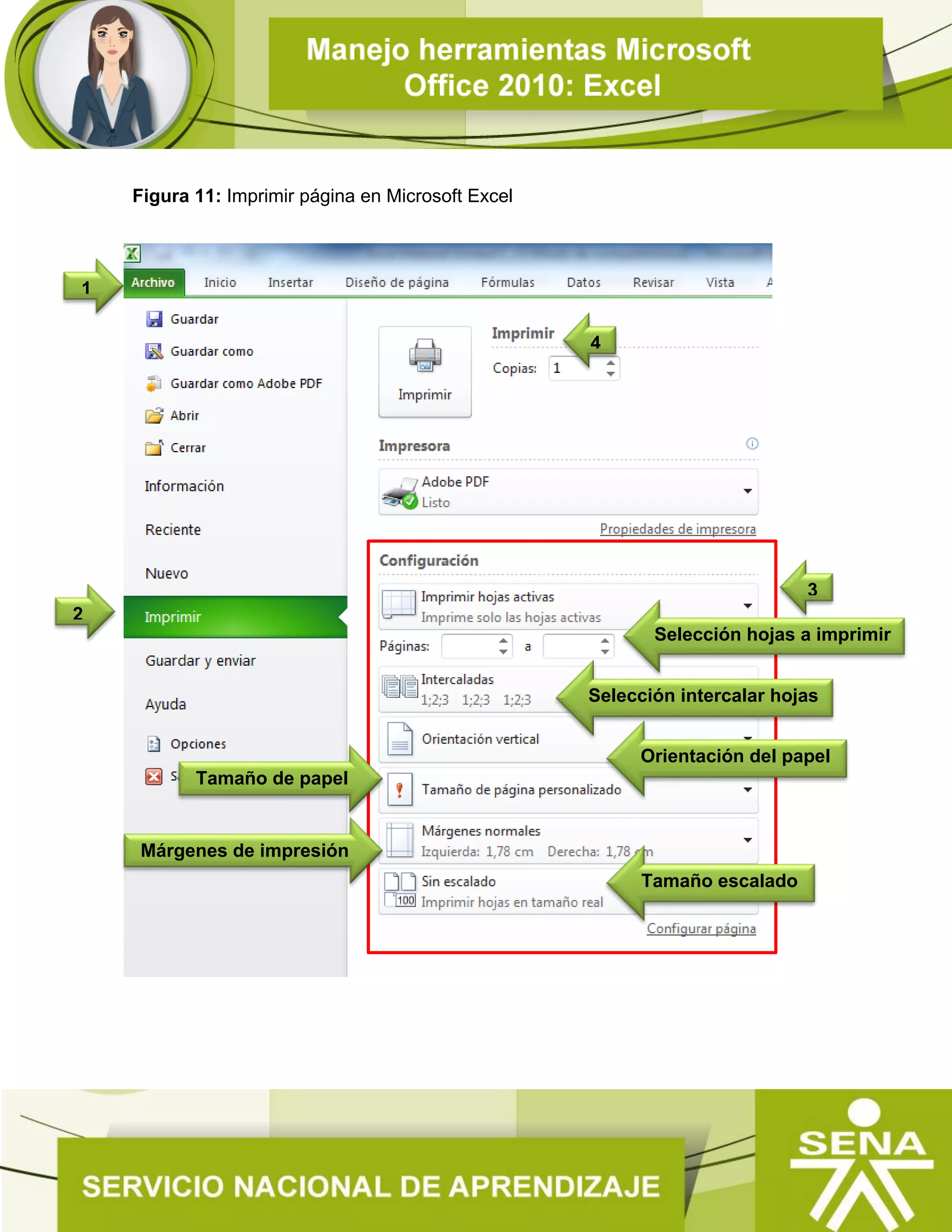 Figura 11: Imprimir página en Microsoft Excel
2
1
3
4
Selección hojas a imprimir
Selección intercalar hojas
Orientación del papel
Tamaño escalado
Márgenes de impresión
Tamaño de papel
 