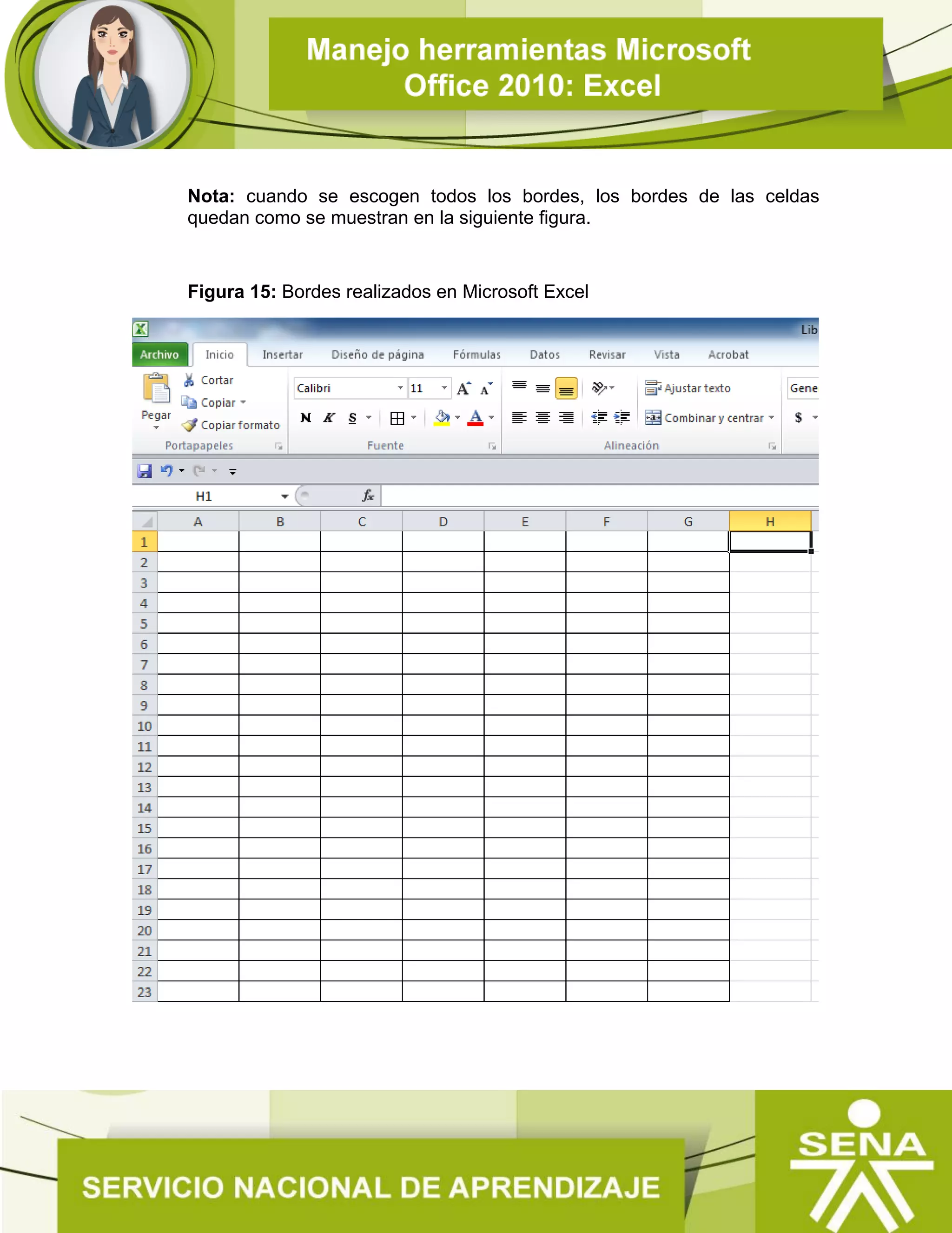 Nota: cuando se escogen todos los bordes, los bordes de las celdas
quedan como se muestran en la siguiente figura.
Figura 15: Bordes realizados en Microsoft Excel
 
