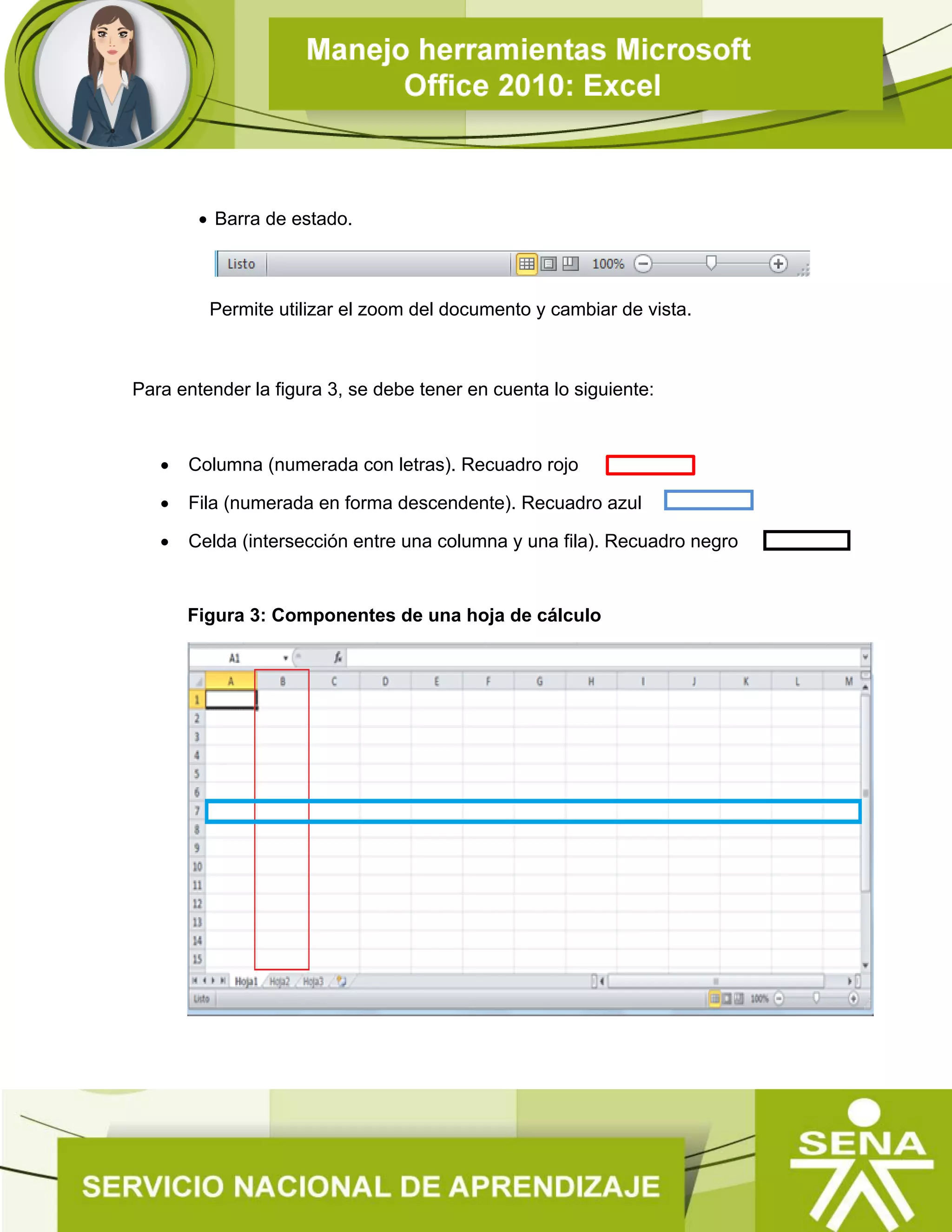  Barra de estado.
Permite utilizar el zoom del documento y cambiar de vista.
Para entender la figura 3, se debe tener en cuenta lo siguiente:
 Columna (numerada con letras). Recuadro rojo
 Fila (numerada en forma descendente). Recuadro azul
 Celda (intersección entre una columna y una fila). Recuadro negro
Figura 3: Componentes de una hoja de cálculo
 