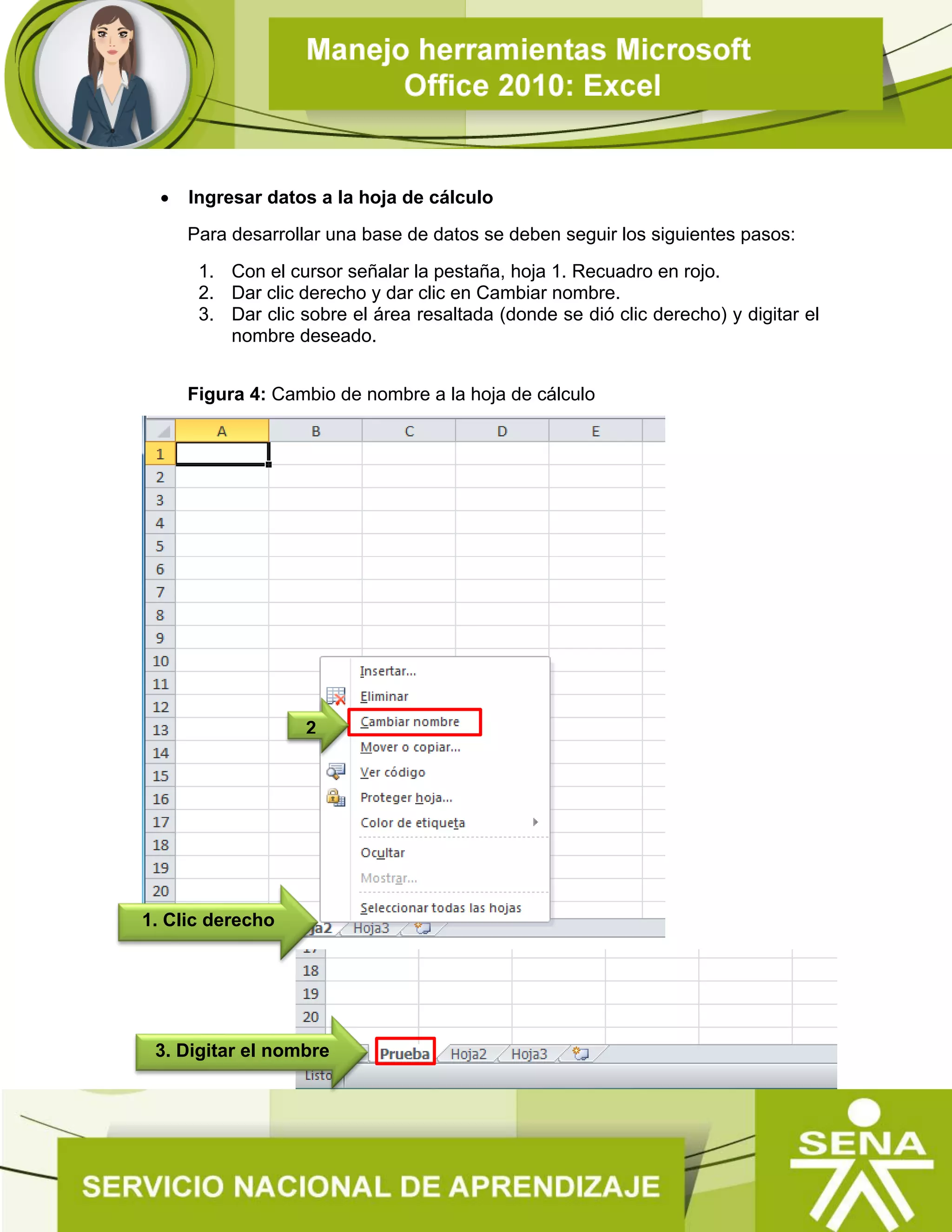  Ingresar datos a la hoja de cálculo
Para desarrollar una base de datos se deben seguir los siguientes pasos:
1. Con el cursor señalar la pestaña, hoja 1. Recuadro en rojo.
2. Dar clic derecho y dar clic en Cambiar nombre.
3. Dar clic sobre el área resaltada (donde se dió clic derecho) y digitar el
nombre deseado.
Figura 4: Cambio de nombre a la hoja de cálculo
1. Clic derecho
2
3. Digitar el nombre
 