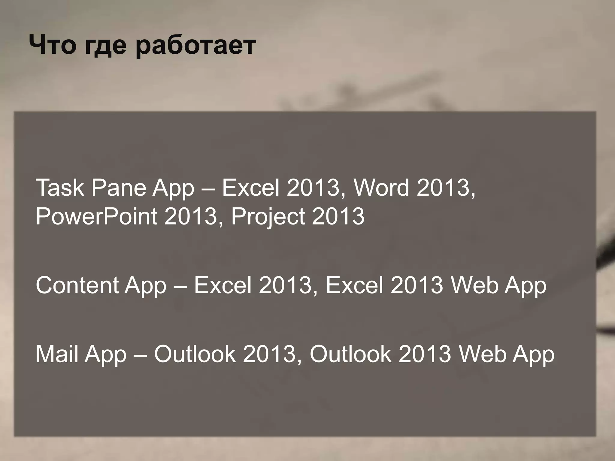 Что где работает




Task Pane App – Excel 2013, Word 2013,
PowerPoint 2013, Project 2013

Content App – Excel 2013, Excel 2013 Web App

Mail App – Outlook 2013, Outlook 2013 Web App
 