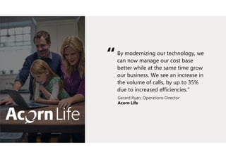 By modernizing our technology, we
can now manage our cost base
better while at the same time grow
our business. We see an increase in
the volume of calls, by up to 35%
due to increased efficiencies.”
“
Gerard Ryan, Operations Director
Acorn Life
 