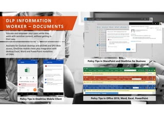 Educate and empower your users while they
work with sensitive content, without getting in
their way.
Available for Outlook desktop and alOD4B and SPO Web
access, OneDrive mobile client plus integration with
desktop Excel, Word and PowerPoint modalities
of OWA.
 