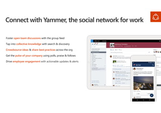 Foster open team discussions with the group feed
Tap into collective knowledge with search & discovery
Crowdsource ideas & share best practices across the org
Get the pulse of your company using polls, praise & follows
Drive employee engagement with actionable updates & alerts
Connect with Yammer, the social network for work
 