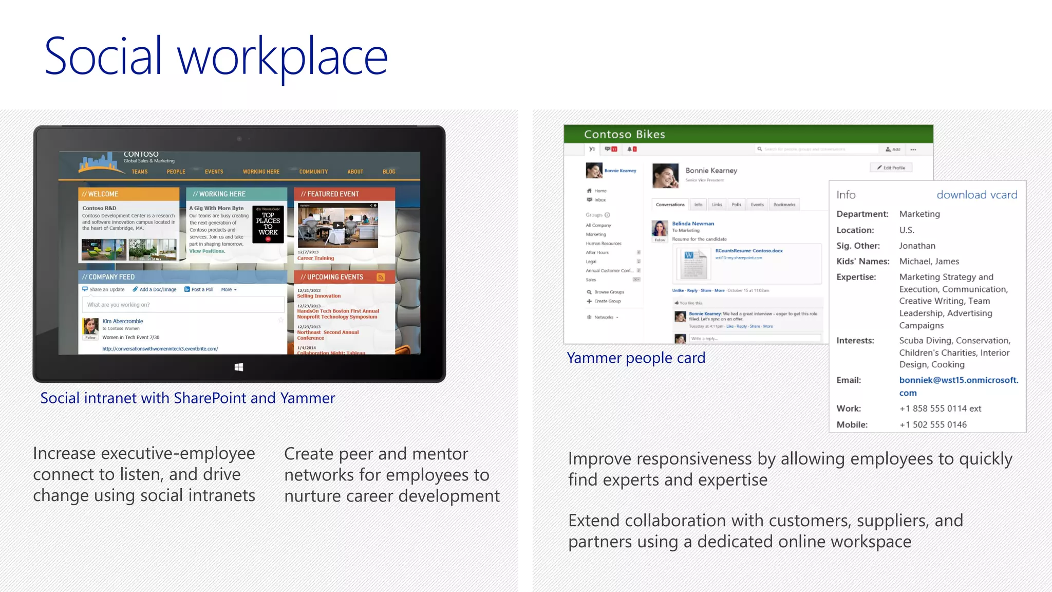 Social workplace
Improve responsiveness by allowing employees to quickly
find experts and expertise
Extend collaboration with customers, suppliers, and
partners using a dedicated online workspace
Increase executive-employee
connect to listen, and drive
change using social intranets
Create peer and mentor
networks for employees to
nurture career development
Social intranet with SharePoint and Yammer
Yammer people card
 