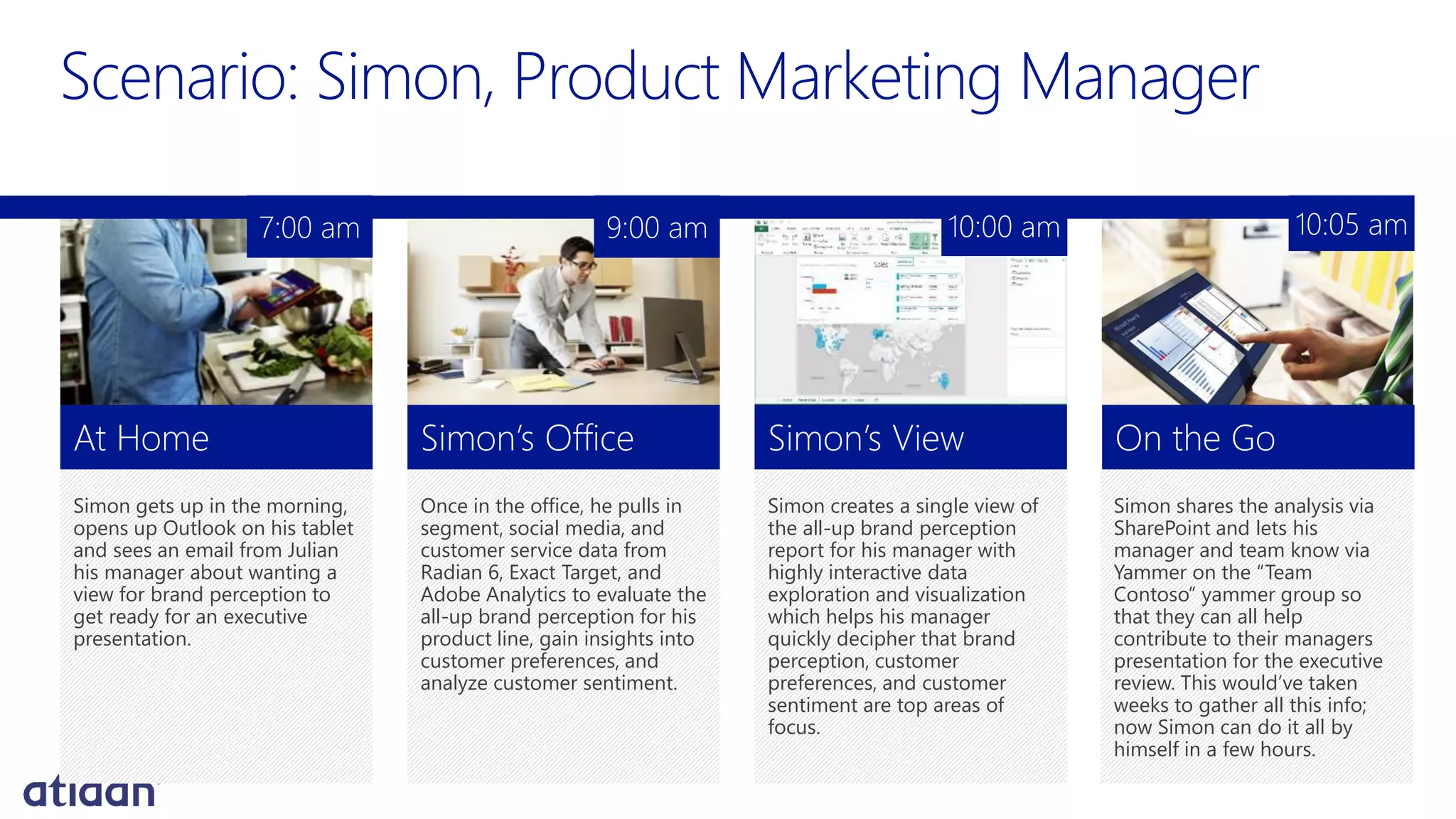 Simon gets up in the morning,
opens up Outlook on his tablet
and sees an email from Julian
his manager about wanting a
view for brand perception to
get ready for an executive
presentation.
At Home
Once in the office, he pulls in
segment, social media, and
customer service data from
Radian 6, Exact Target, and
Adobe Analytics to evaluate the
all-up brand perception for his
product line, gain insights into
customer preferences, and
analyze customer sentiment.
Simon’s Office
Simon creates a single view of
the all-up brand perception
report for his manager with
highly interactive data
exploration and visualization
which helps his manager
quickly decipher that brand
perception, customer
preferences, and customer
sentiment are top areas of
focus.
Simon’s View
Simon shares the analysis via
SharePoint and lets his
manager and team know via
Yammer on the “Team
Contoso” yammer group so
that they can all help
contribute to their managers
presentation for the executive
review. This would’ve taken
weeks to gather all this info;
now Simon can do it all by
himself in a few hours.
On the Go
7:00 am 9:00 am 10:00 am 10:05 am
 