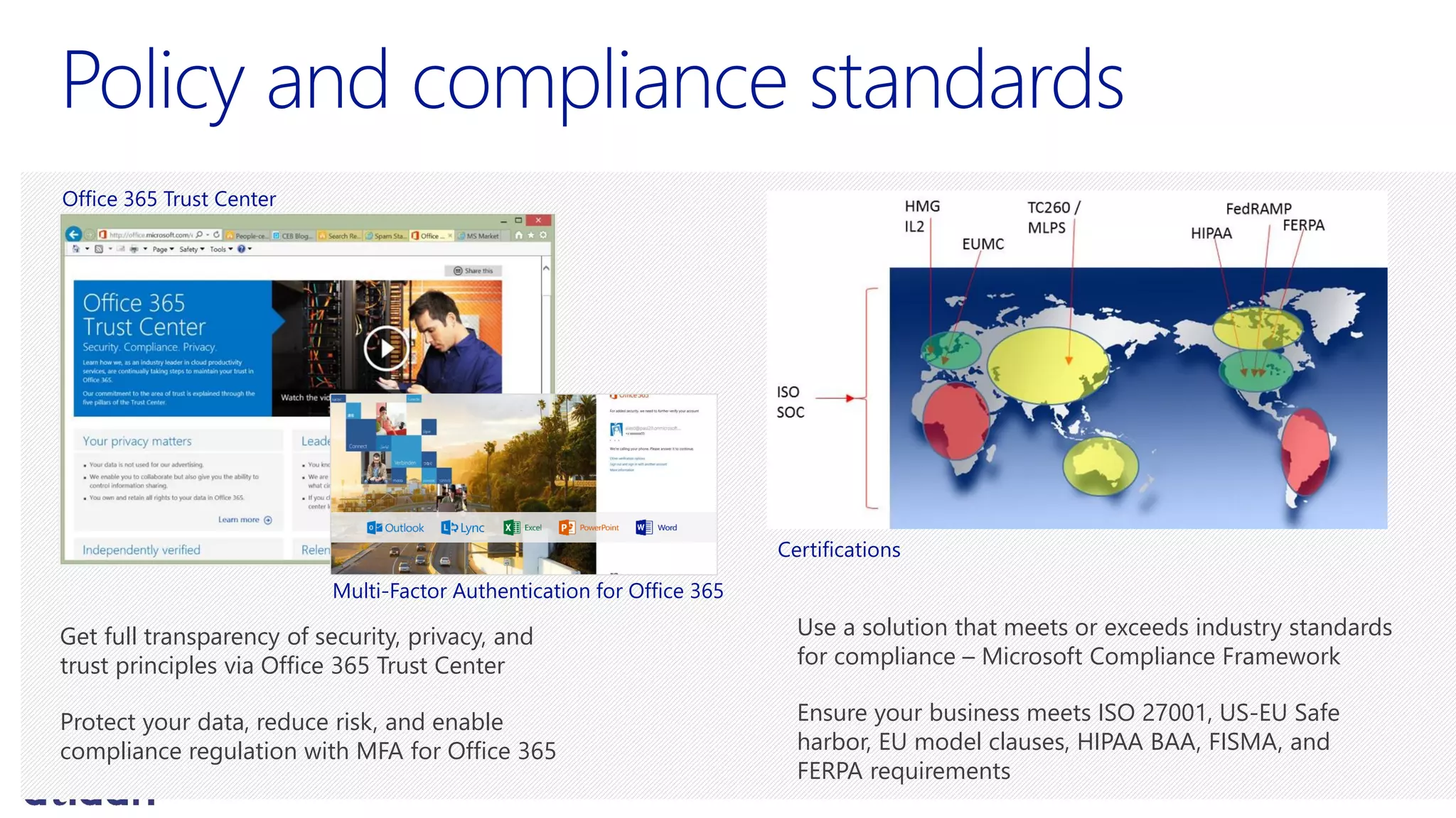 Get full transparency of security, privacy, and
trust principles via Office 365 Trust Center
Protect your data, reduce risk, and enable
compliance regulation with MFA for Office 365
Use a solution that meets or exceeds industry standards
for compliance – Microsoft Compliance Framework
Ensure your business meets ISO 27001, US-EU Safe
harbor, EU model clauses, HIPAA BAA, FISMA, and
FERPA requirements
Office 365 Trust Center
Certifications
Multi-Factor Authentication for Office 365
 