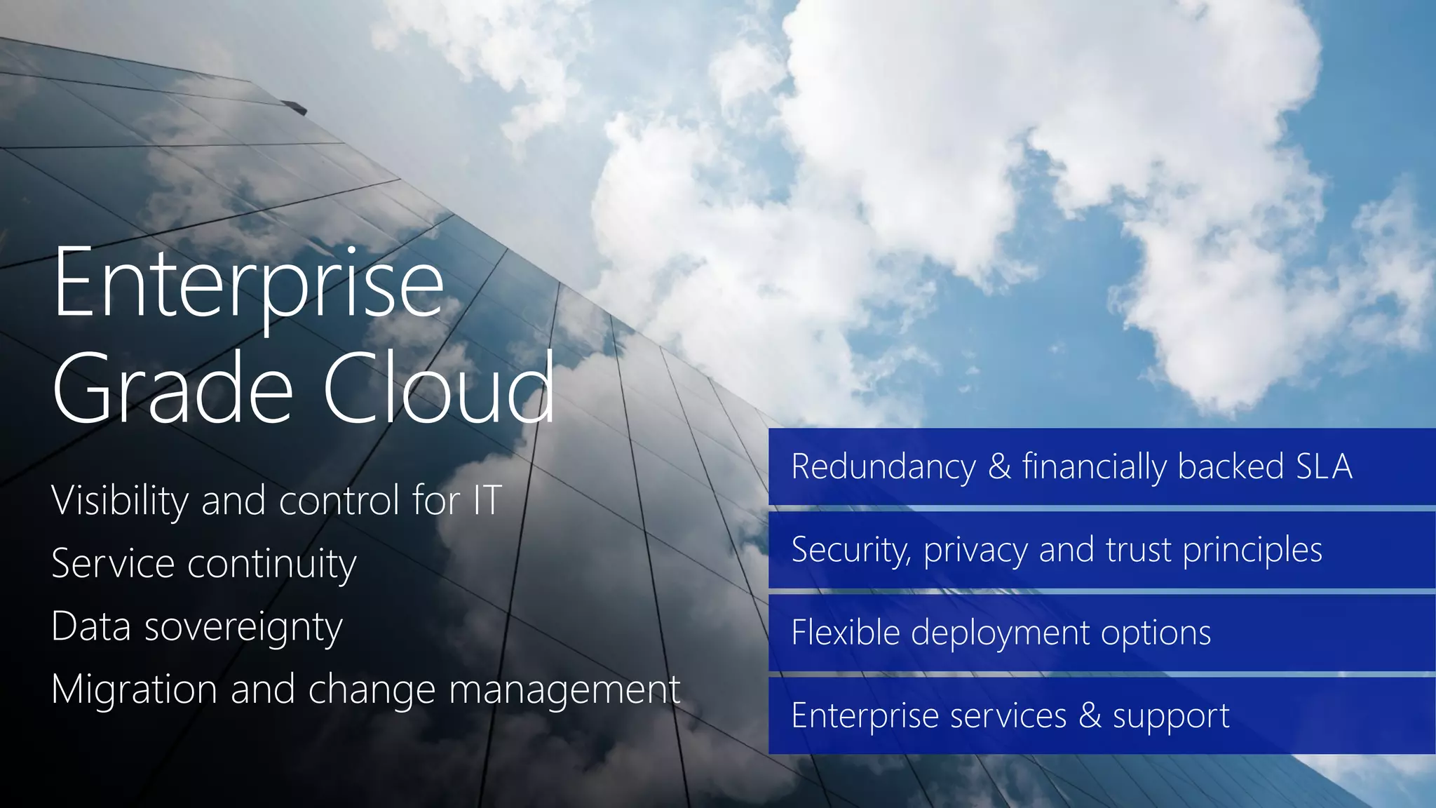 Redundancy & financially backed SLA
Security, privacy and trust principles
Flexible deployment options
Enterprise services & support
Enterprise
Grade Cloud
Visibility and control for IT
Service continuity
Data sovereignty
Migration and change management
 