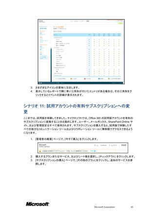 3.   さまざまなアイコンの意味に注目します。
   4.   表示しているレポートで隅に青い三角形が付いたエントリがある場合は、その三角形をク
        リックするとイベントの詳細が表示されます。



シナリオ 11: 試用アカウントの有料サブスクリプションへの変
更
ここまでは、試用版を体験してきました。マイクロソフトでは、Office 365 の試用版アカウントを有料の
サブスクリプションに変換することをお勧めします。ユーザー、メールボックス、SharePoint Online サ
イト、および管理設定はすべて保持されます。サブスクリプションを購入すると、試用版で体験したす
べての強力なコミュニケーション ツールおよびコラボレーション ツールに無制限でアクセスできるよう
になります。

   1.   [管理者の概要] ページで、[今すぐ購入] をクリックします。




   2.   購入するプランまたはサービス、およびシート数を選択し、[チェックアウト] をクリックします。
   3.   [サブスクリプションの購入] ページで、[その他のプラン] をクリックし、追加のサービスを参
        照します。




                                    Microsoft Corporation   65
 