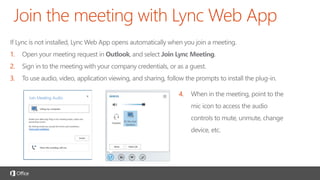 Modify permissions for the participants to annotate, view
privately or download.
1. Select More Options (…) > Lync Meeting...