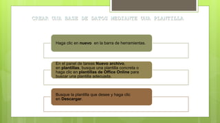 Haga clic en nuevo en la barra de herramientas.
En el panel de tareas Nuevo archivo,
en plantillas, busque una plantilla concreta o
haga clic en plantillas de Office Online para
buscar una plantilla adecuada.
Busque la plantilla que desee y haga clic
en Descargar.