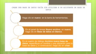 Haga clic en nuevo en la barra de herramientas.
En el panel de tareas Nuevo archivo, en nuevo,
haga clic en Base de datos en blanco.
En el cuadro de diálogo Archivo nueva base de
datos, especifique un nombre y una ubicación para la
base de datos y, a continuación, haga clic en crear.