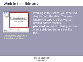Work in the slide area Create your first presentation The working areas of a PowerPoint window Working in this space, you type text directly onto the slide. The area where you type is a box with a dashed border called a  placeholder . All text that you type onto a slide resides in a box like this.  