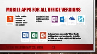 MOBILE APPS FOR ALL OFFICE VERSIONS
Earlier version,
currently
available for
Windows phone
and Android
Available for most
mobile operating
systems
Individual apps supersede “Office Mobile”
and have improved functionality. Available
for iOS 8 and up, Android KitKat (4.4.4) and up,
Windows Phone 10
ACGNJ MEETING MAY 20, 2016 12
 