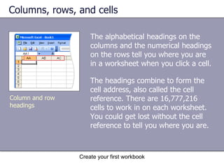 Columns, rows, and cells The alphabetical headings on the columns and the numerical headings on the rows tell you where you are in a worksheet when you click a cell.  Column and row headings The headings combine to form the cell address, also called the cell reference. There are 16,777,216 cells to work in on each worksheet. You could get lost without the cell reference to tell you where you are.  