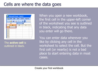Cells are where the data goes The  active cell  is outlined in black.  When you open a new workbook, the first cell in the upper-left corner of the worksheet you see is outlined in black, indicating that any data you enter will go there.  You can enter data wherever you like by clicking any cell in the worksheet to select the cell. But the first cell (or nearby) is not a bad place to start entering data in most cases.  
